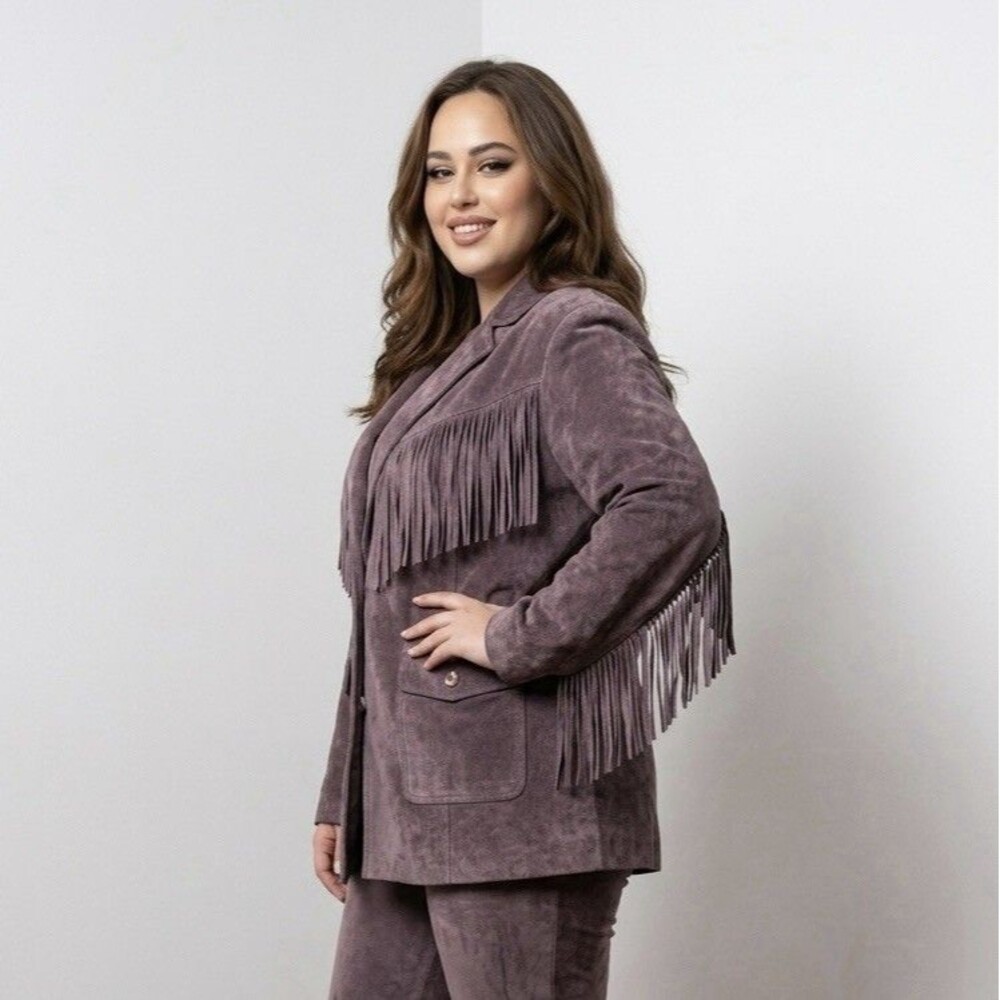 Vintage Brown Suede Leather Fringe Jacket Women’s 1X Western Boho Native Lined